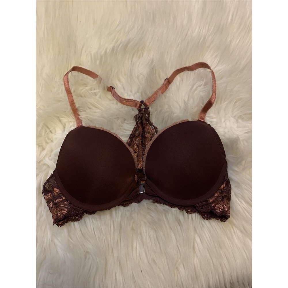 adore Me Racerback Push Up Bra 32B Burgundy Lace Floral Trim Front Closure